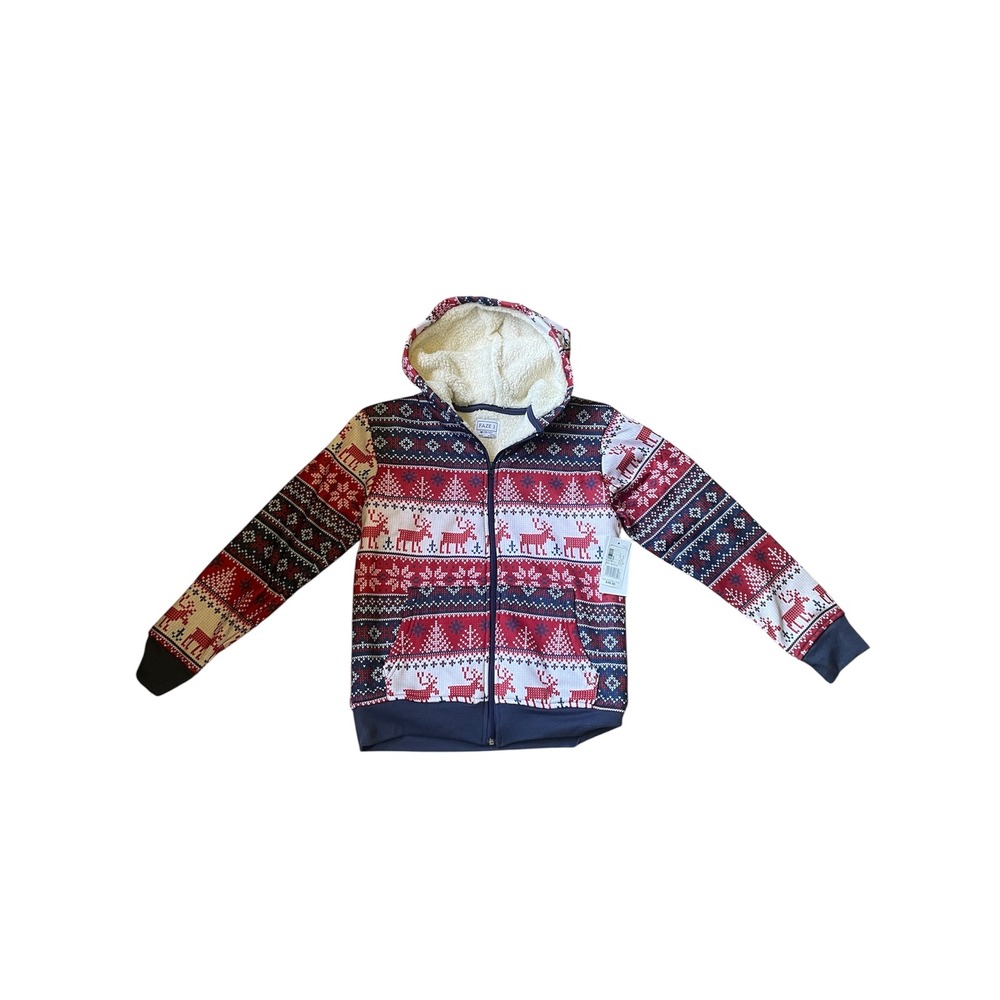 Fleece Lined‎ Hoodie Christmas Reindeer Fair Isle Zip Up Sweater M (10/12)